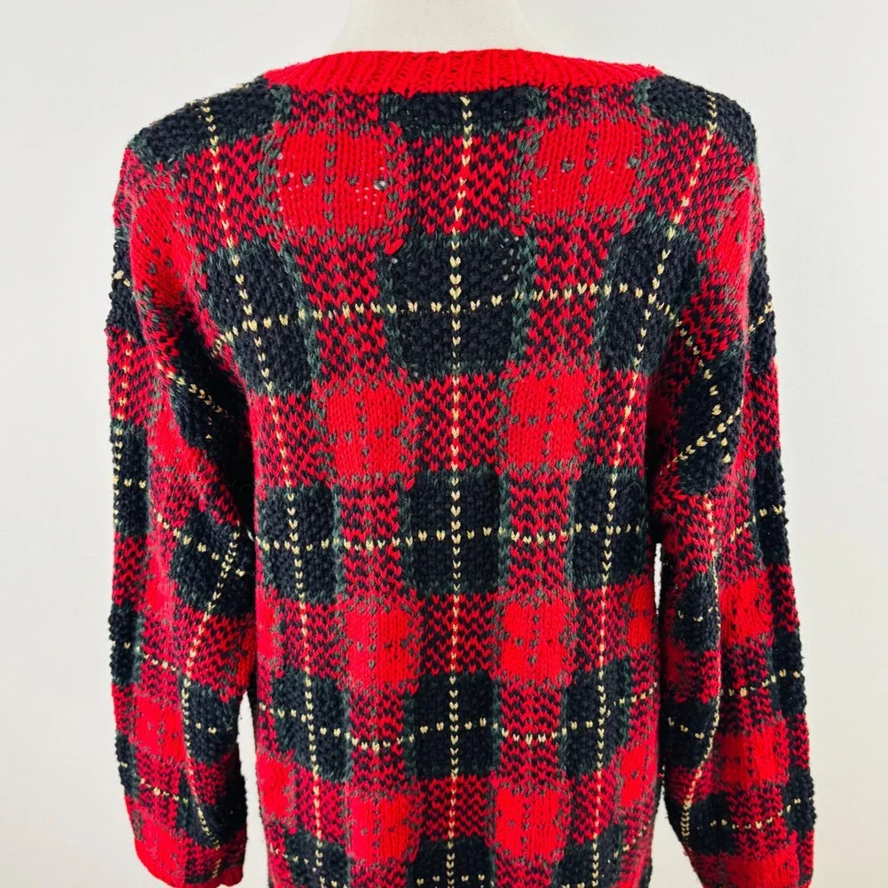 Vtg Handknit Metropolitan Red Plaid Christmas Tree Embellished Sweater Dress L